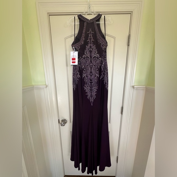 Sophisticated Maxi Eggplant Evening Gown w Tasteful Train and Silver Beading Sophisticated Maxi Eggplant Evening Gown w Tasteful Train and Silver Beading